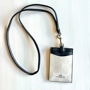Authentic Coach lanyard ID holder card slots pearl black leather